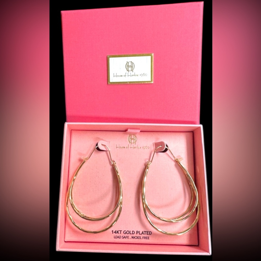 House of Harlow 1960 Pink Gift Boxed Gold Double Drop Hoop Earrings